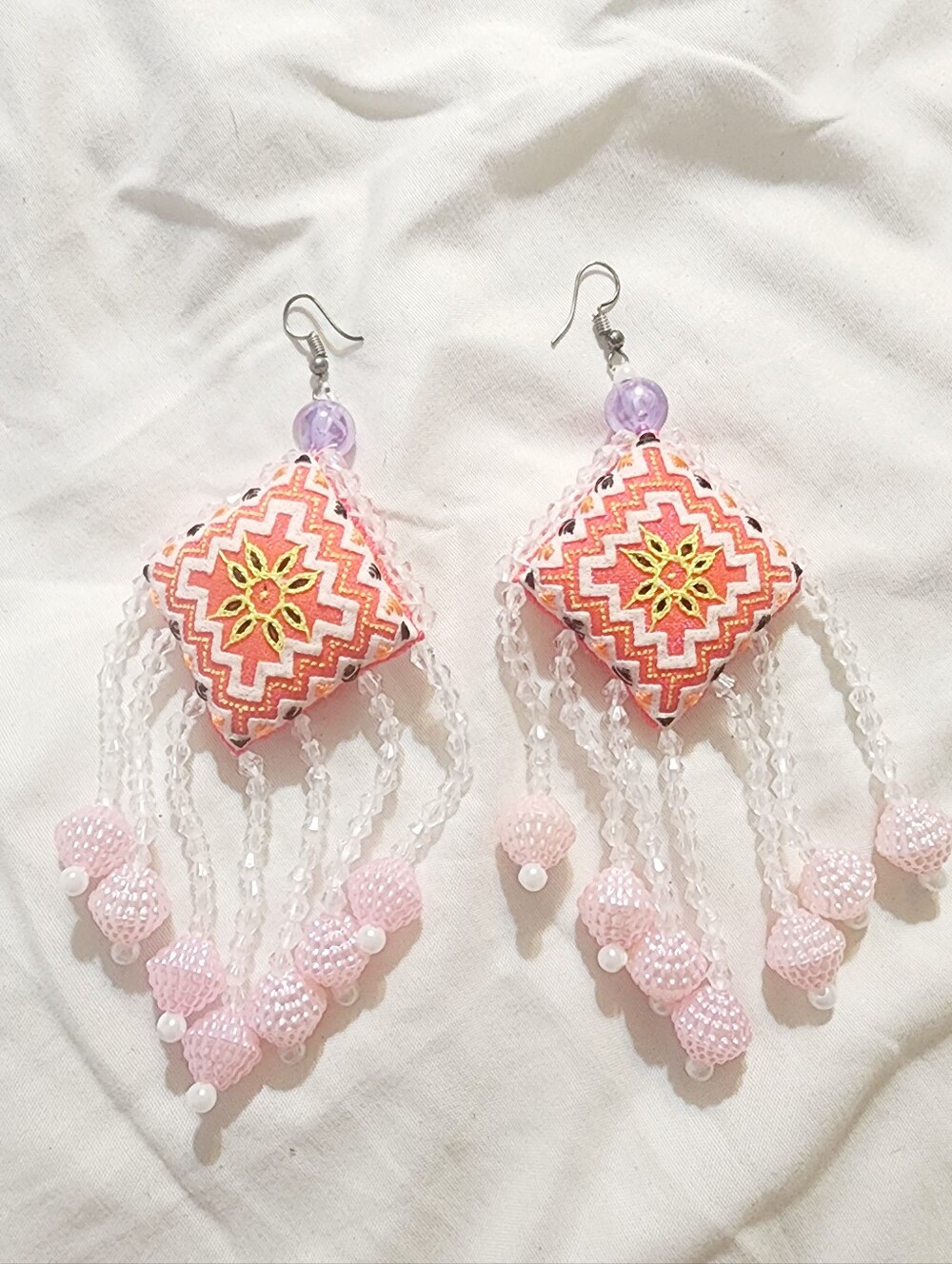 Handcrafted Pink Beaded Tassel Earrings